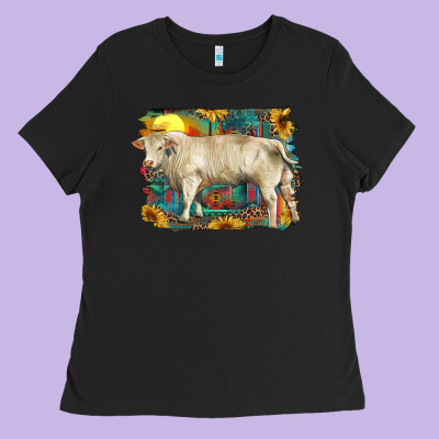 Western Charolais Bull And Aztec Sunflower Background Ladies Tee Designed By Ranaportraitstore