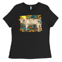 Black western charolais bull and aztec sunflower background Ladies Tee - RanaPortraitStore