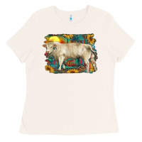 Bone western charolais bull and aztec sunflower background Ladies Tee - RanaPortraitStore