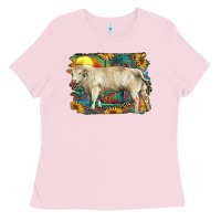 Bubblegum Pink western charolais bull and aztec sunflower background Ladies Tee - RanaPortraitStore
