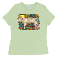 Matcha western charolais bull and aztec sunflower background Ladies Tee - RanaPortraitStore