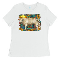 White western charolais bull and aztec sunflower background Ladies Tee - RanaPortraitStore