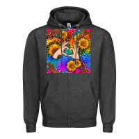 Charcoal Heather Heart And Sunflowers With Neon Leopard Patterns Zipper Hoodie - BundleAndBundleShop