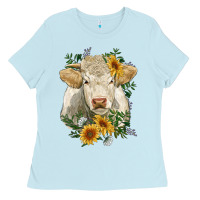 Baby Blue charolais cattle with sunflowers Ladies Tee - RanaPortraitStore
