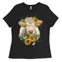Black charolais cattle with sunflowers Ladies Tee - RanaPortraitStore
