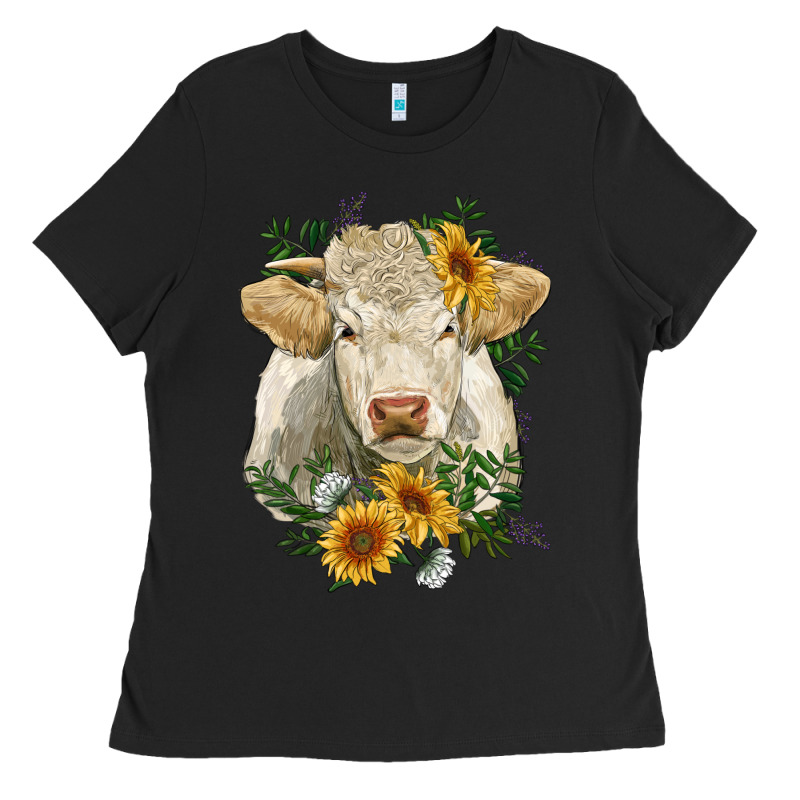 Charolais Cattle With Sunflowers Ladies Tee by RanaPortraitStore | Teevron