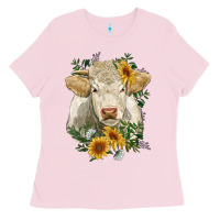 Bubblegum Pink charolais cattle with sunflowers Ladies Tee - RanaPortraitStore