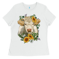White charolais cattle with sunflowers Ladies Tee - RanaPortraitStore