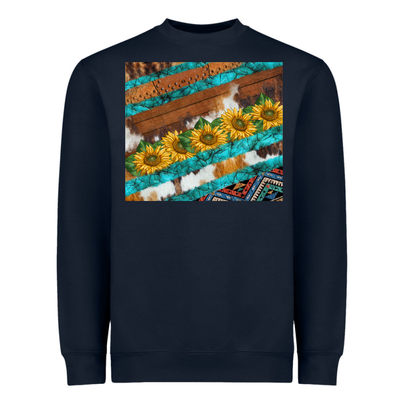 Western Aztec Sunflowers Turquoise Cowhide Heavyweight Sweatshirt by BarkalooDesign | Teevron
