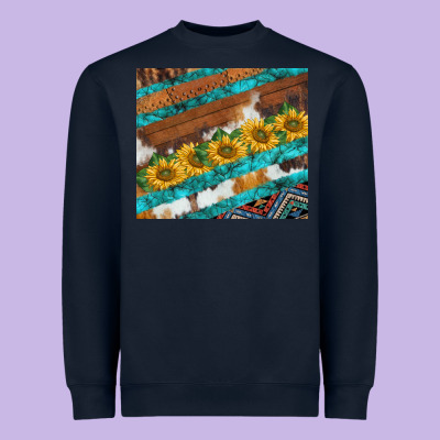 Western Aztec Sunflowers Turquoise Cowhide Heavyweight Sweatshirt Designed By Barkaloodesign