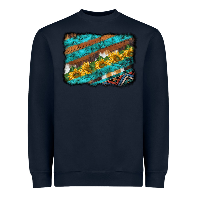 Western Aztec Sunflowers Turquoise Cowhide Background Heavyweight Sweatshirt by BarkalooDesign | Teevron
