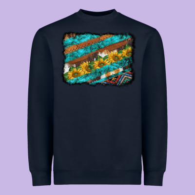 Western Aztec Sunflowers Turquoise Cowhide Background Heavyweight Sweatshirt Designed By Barkaloodesign