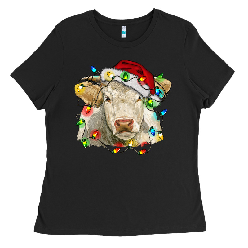 Charolais Cattle Cow With Christmas Lights And Hat Ladies Tee by RanaPortraitStore | Teevron