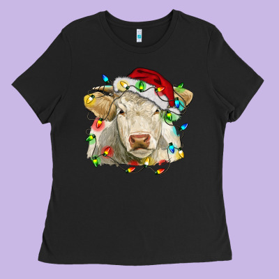 Charolais Cattle Cow With Christmas Lights And Hat Ladies Tee Designed By Ranaportraitstore