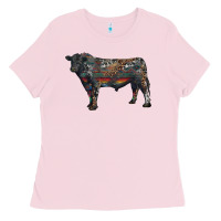 Bubblegum Pink black angus bull with western patterns Ladies Tee - RanaPortraitStore