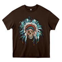 Chocolate Brown indian headdress with native american skull Heavy Core Tee - RanaPortraitStore