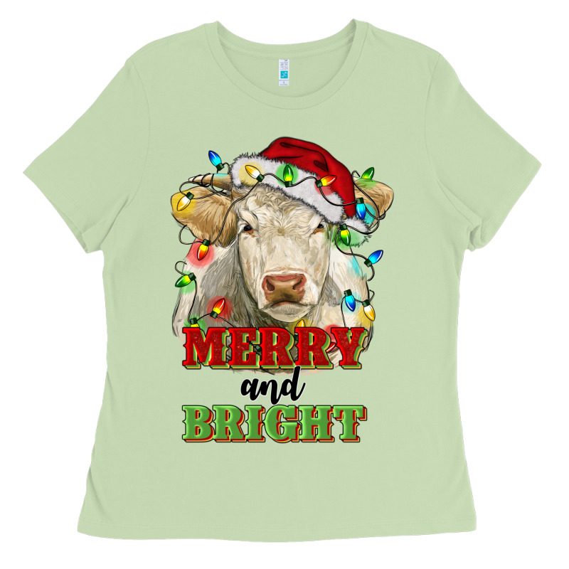 Merry And Bright Charolais Cattle Cow With Christm Ladies Tee by RanaPortraitStore | Teevron