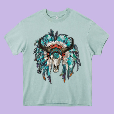 Indian Headdress With Bull Skull Heavy Core Tee Designed By Ranaportraitstore