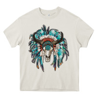 Cream indian headdress with bull skull Heavy Core Tee - RanaPortraitStore
