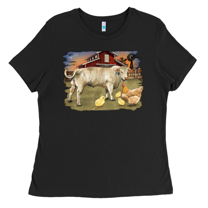 Charolaris Bull And Chicken In Barnyard Ladies Tee by RanaPortraitStore | Teevron
