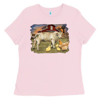 Bubblegum Pink charolaris bull and chicken in barnyard Ladies Tee - RanaPortraitStore