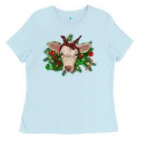 Baby Blue Christmas charolais calf Ladies Tee - RanaPortraitStore