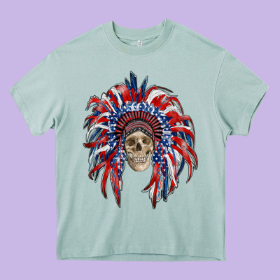 American Flag Indian Headdress With Skull Heavy Core Tee Designed By Ranaportraitstore