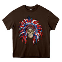 Chocolate Brown american flag indian headdress with skull Heavy Core Tee - RanaPortraitStore