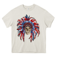 Cream american flag indian headdress with skull Heavy Core Tee - RanaPortraitStore