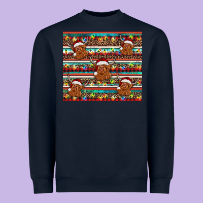 Christmas Turquoise Serape Highland Cow Heavyweight Sweatshirt Designed By Barkaloodesign