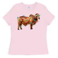 Bubblegum Pink brahman bull with christmas lights Ladies Tee - RanaPortraitStore