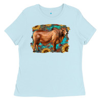 Baby Blue brahman bull with aztec sunflower and leopard background Ladies Tee - RanaPortraitStore
