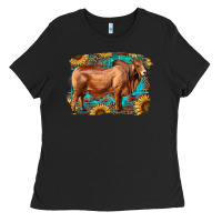 Black brahman bull with aztec sunflower and leopard background Ladies Tee - RanaPortraitStore