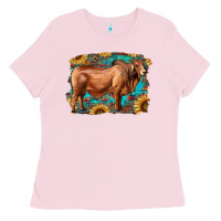 Bubblegum Pink brahman bull with aztec sunflower and leopard background Ladies Tee - RanaPortraitStore