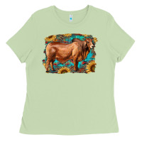 Matcha brahman bull with aztec sunflower and leopard background Ladies Tee - RanaPortraitStore
