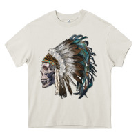 Cream skull with indian headdress Heavy Core Tee - RanaPortraitStore