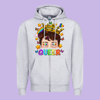 Lgbtq+ Queer Portrait With Crown And Rainbow Zipper Hoodie Designed By Bundleandbundleshop