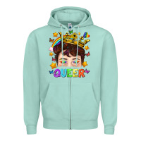 Seafoam LGBTQ+ Queer Portrait With Crown And Rainbow Zipper Hoodie - BundleAndBundleShop