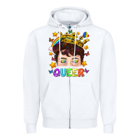 White LGBTQ+ Queer Portrait With Crown And Rainbow Zipper Hoodie - BundleAndBundleShop
