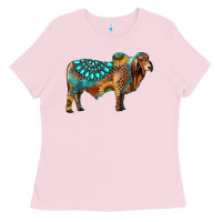 Bubblegum Pink brahman bull gemstone turquoise and sunflower Ladies Tee - RanaPortraitStore