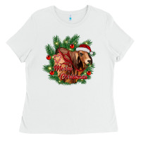 White merry Christmas brahman bull Ladies Tee - RanaPortraitStore