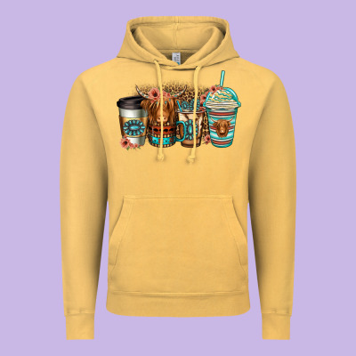 Serape Floral Longhaired Cow Coffee Cups Vintage Hoodie Designed By Jasminsmagicworld