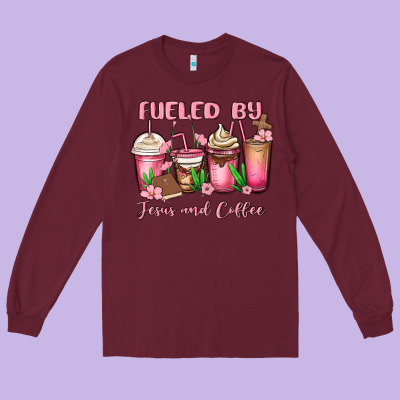 Fueled By Jesus And Coffee Long Sleeve Tee Designed By Maliassmallbusiness