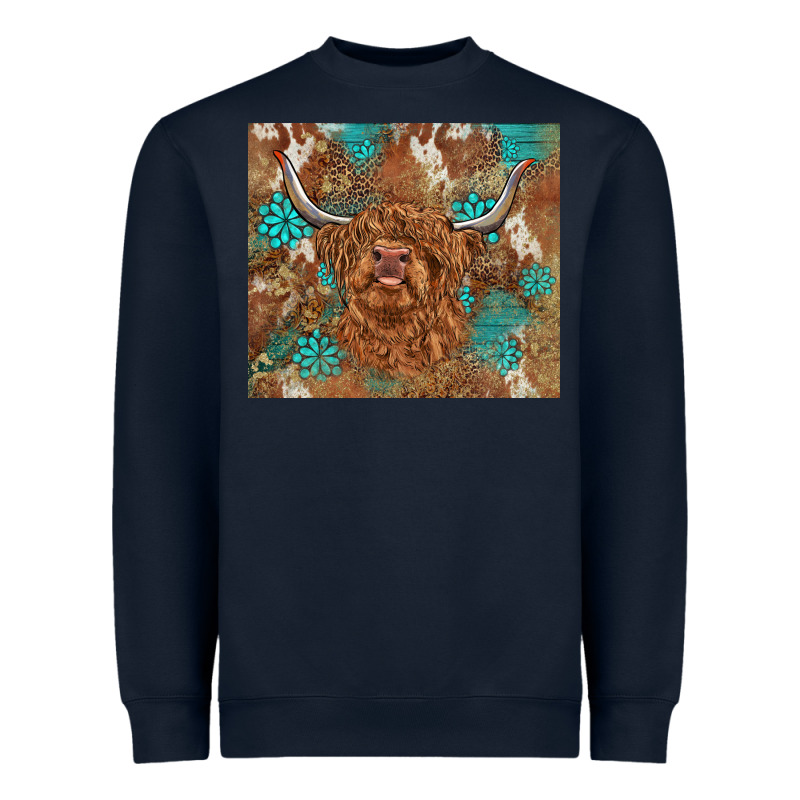 Highland Cow Turquoise Gemstones Western Patterns Heavyweight Sweatshirt by BarkalooDesign | Teevron