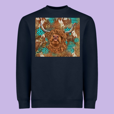 Highland Cow Turquoise Gemstones Western Patterns Heavyweight Sweatshirt Designed By Barkaloodesign