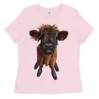 Bubblegum Pink highland cow calf Ladies Tee - RanaPortraitStore