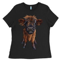 Black highland cow calf Ladies Tee - RanaPortraitStore