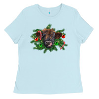Baby Blue Christmas highland calf Ladies Tee - RanaPortraitStore