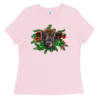 Bubblegum Pink Christmas highland calf Ladies Tee - RanaPortraitStore