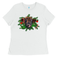 White Christmas highland calf Ladies Tee - RanaPortraitStore